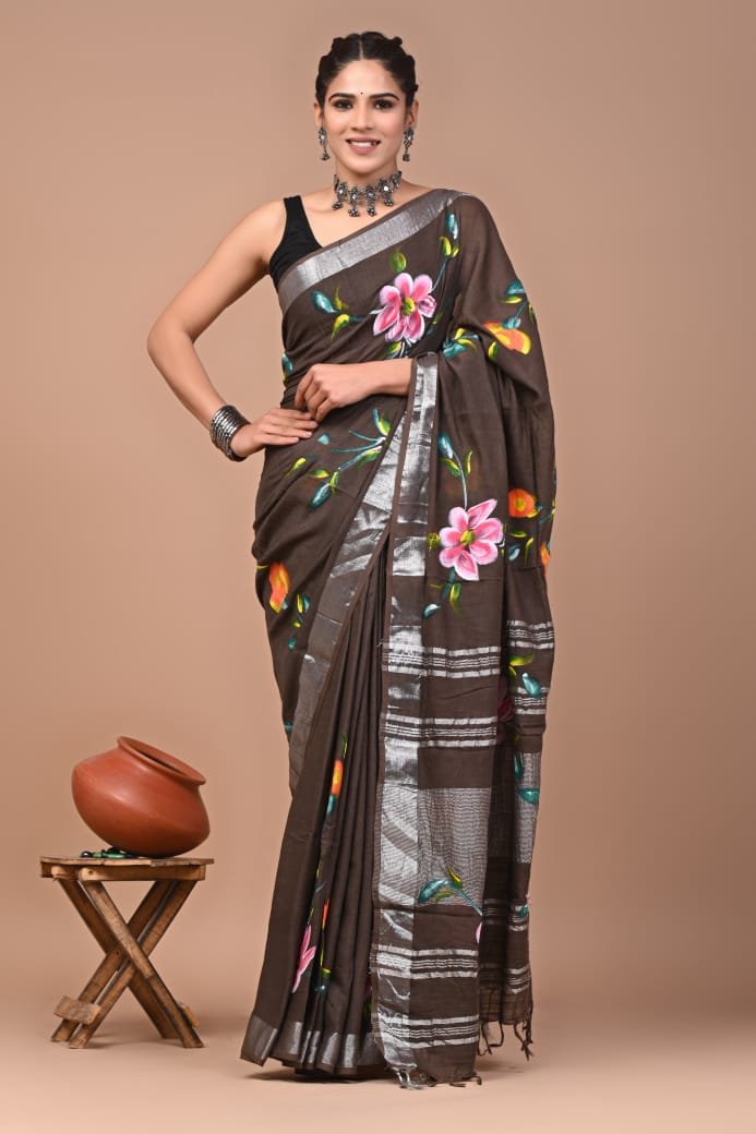 Hand Block Printed Linen Saree with Blouse